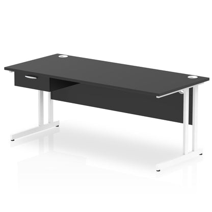 Impulse Cantilever Straight Desk White Frame With Single One Drawer Fixed Pedestal