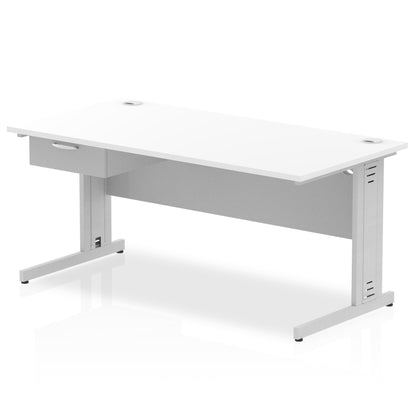 Impulse Cable Managed Straight Desk Silver Frame With Single One Drawer Fixed Pedestal