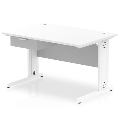 Impulse Cable Managed Straight Desk White Frame With Single One Drawer Fixed Pedestal