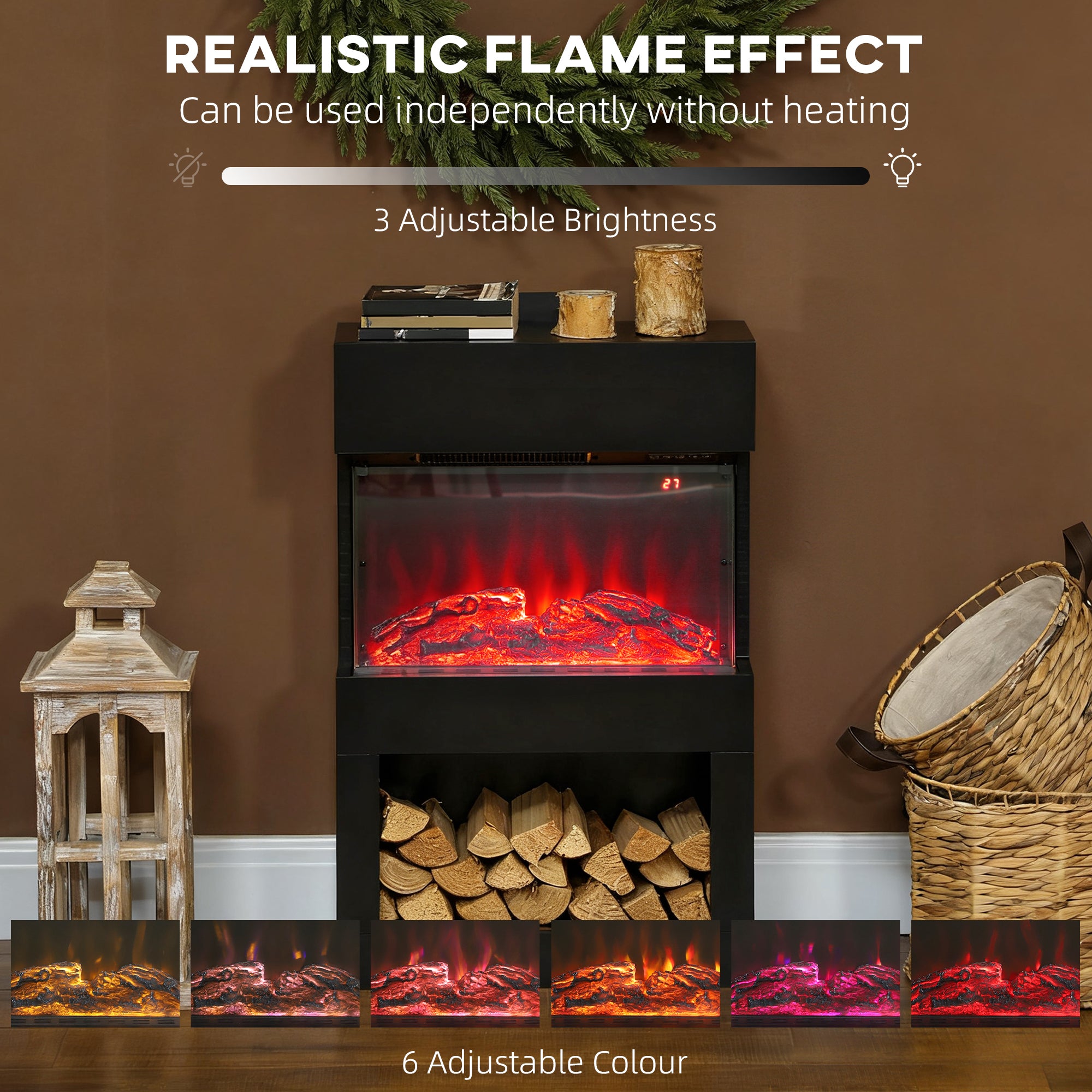 HOMCOM 19" Electric Fireplace with Surround, 3D Flame Effect, 6 Colours & 3 Brightness Levels, 1000W/2000W Black Electric Fire and Mantel Reach up to 30㎡ Space with Remote & Timer, 3 Sided View 