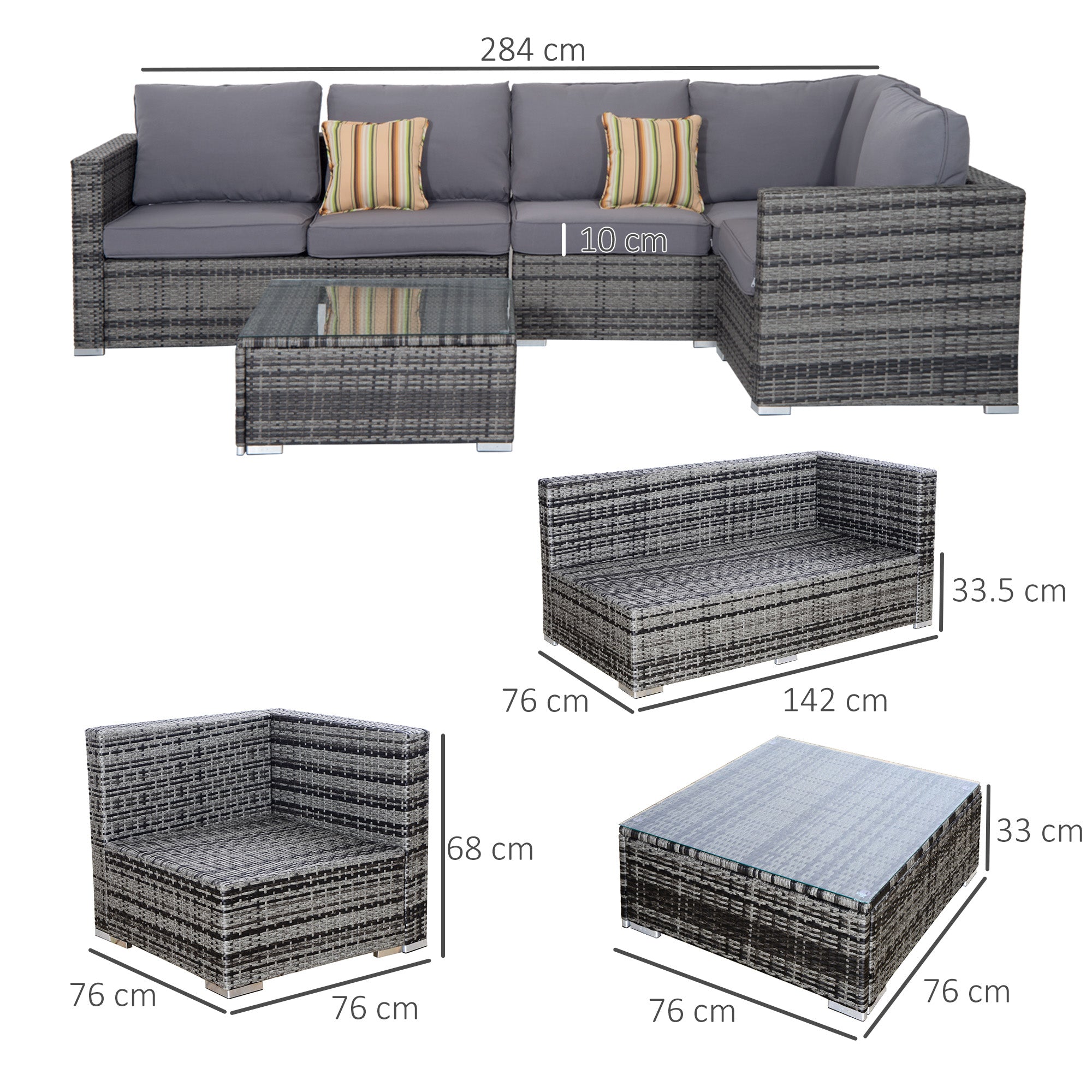 Outsunny 4 Pieces Rattan Garden Furniture Set, Wicker Outdoor Furniture Set with Corner Sofa Loveseat Coffee Table Cushions, Conservatory Furniture Set for Patio Balcony Poolside, Grey 