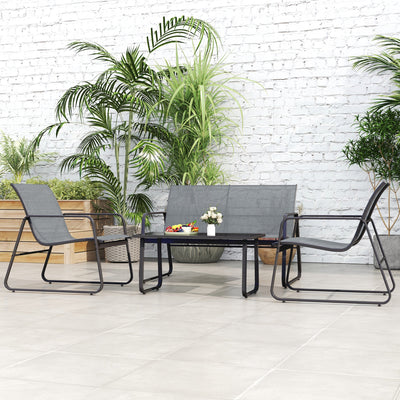 Outsunny 4 Piece Garden Furniture Set Outdoor Patio Sofa Set with Double Chair, Single Chairs and Glass Top Table for Terrace and Balcony, Light Grey 