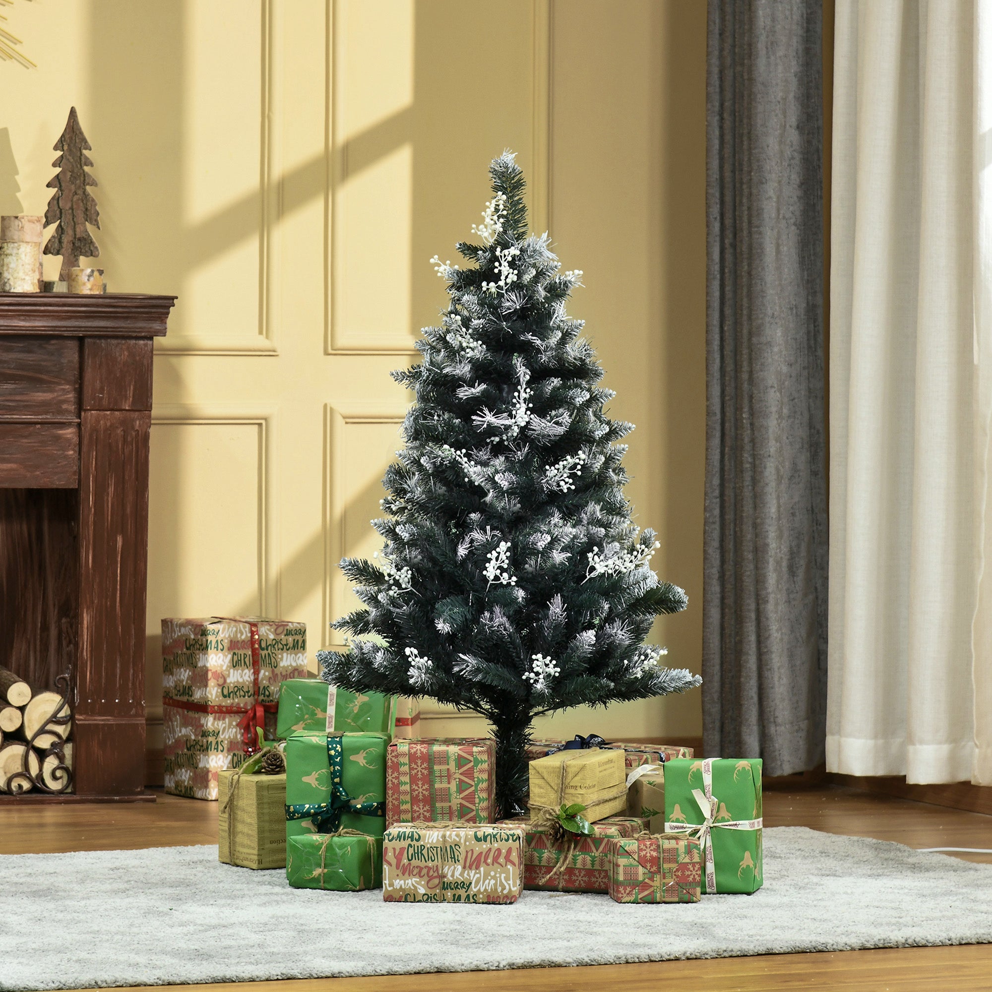 HOMCOM 4FT Artificial Snow-Dipped Christmas Tree Xmas | Home Home Indoor Decoration | Removable Stand w/ White Berries Star Topper Branch Green 