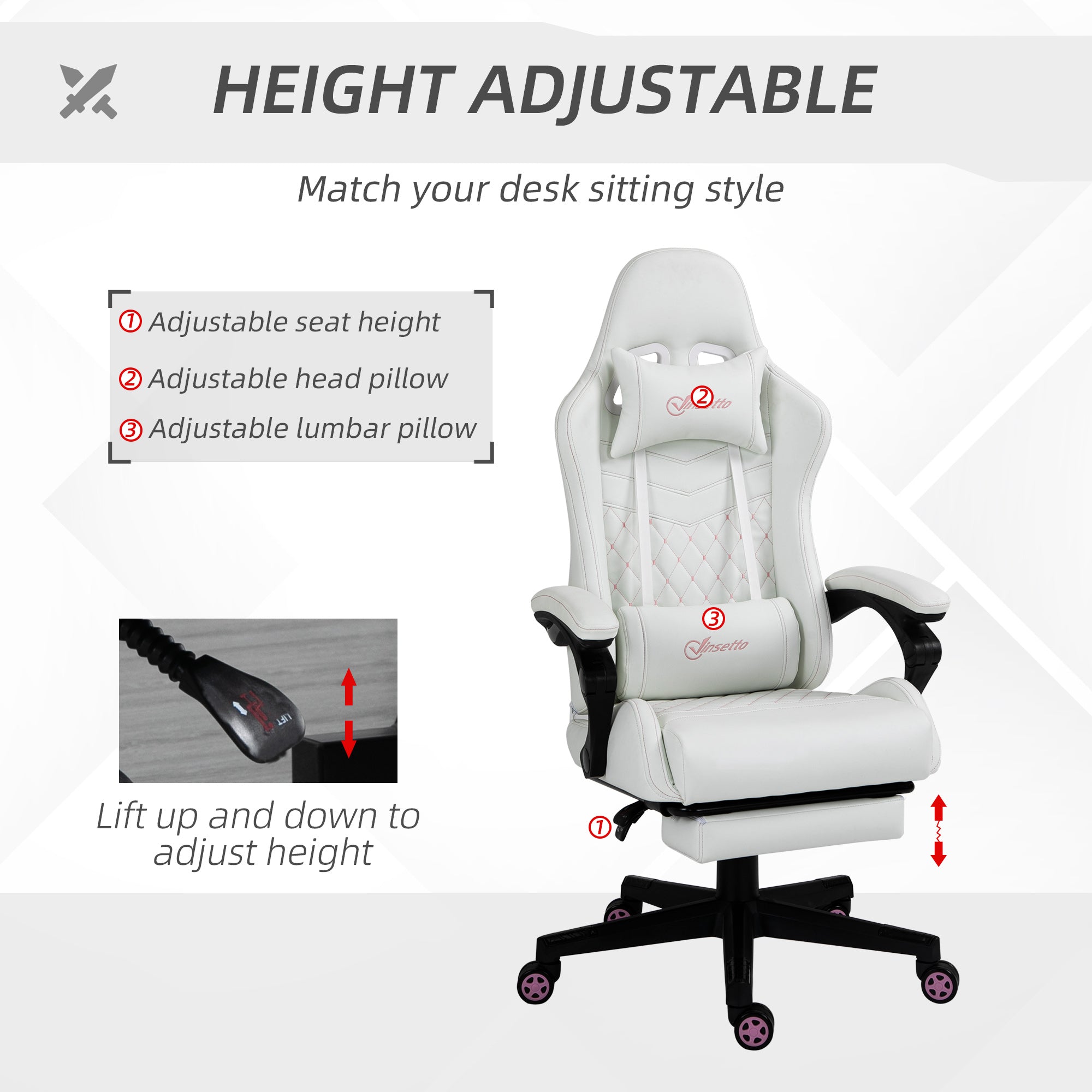 Vinsetto Computer Gaming Chair with Footrest, Video Gaming Chair for Adults with 130\'c2\'b0 Reclining Back, Desk Chair with Lumbar Support and Adjustable Height, White