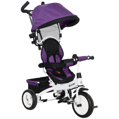 HOMCOM 6 in 1 Kids Trike Push Bike w/ Push Handle, Canopy, 5-point Safety Belt, Storage, Footrest, Brake, for 1-5 Years, Purple 