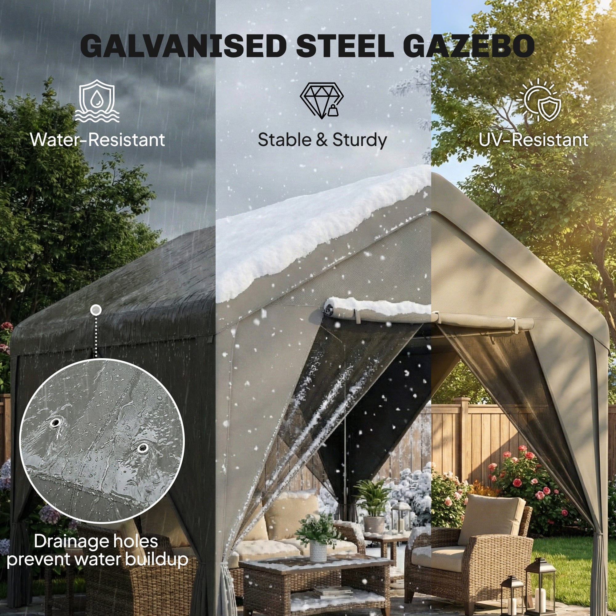 Outsunny 3 x 3 m Patio Gazebo with Netting & Curtains, Outdoor Canopy Shelter with Galvanised Steel Frame, Dark Grey 
