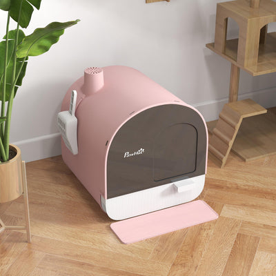 PawHut Hooded Cat Litter Box, Kitten Litter Tray, with Lid, Scoop, Filter, Flap Door, Pink 