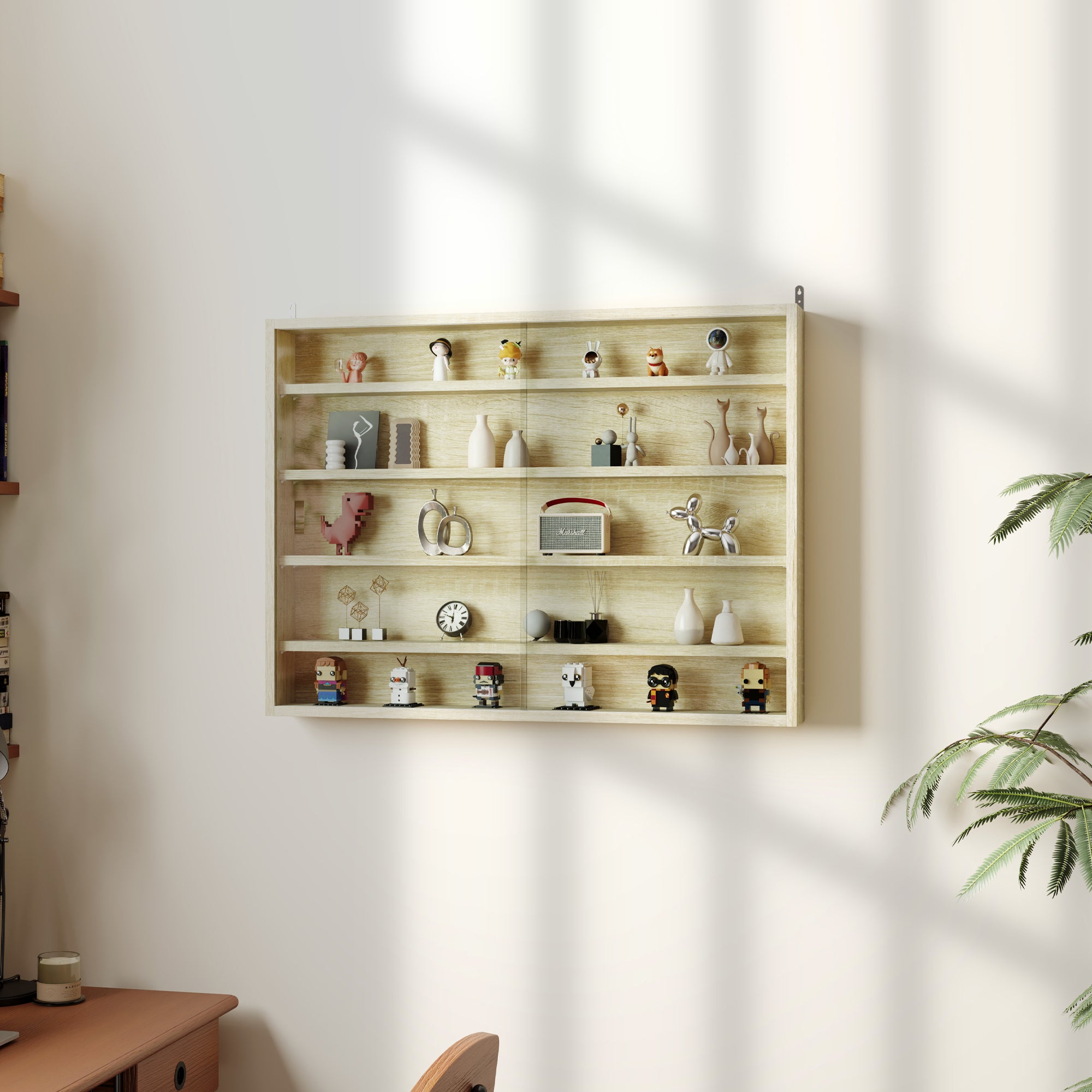 HOMCOM 5-Tier Wall Display Shelf Unit Cabinet w/ 4 Adjustable Shelves Glass Doors Home Office Ornaments 60x80cm Oak 