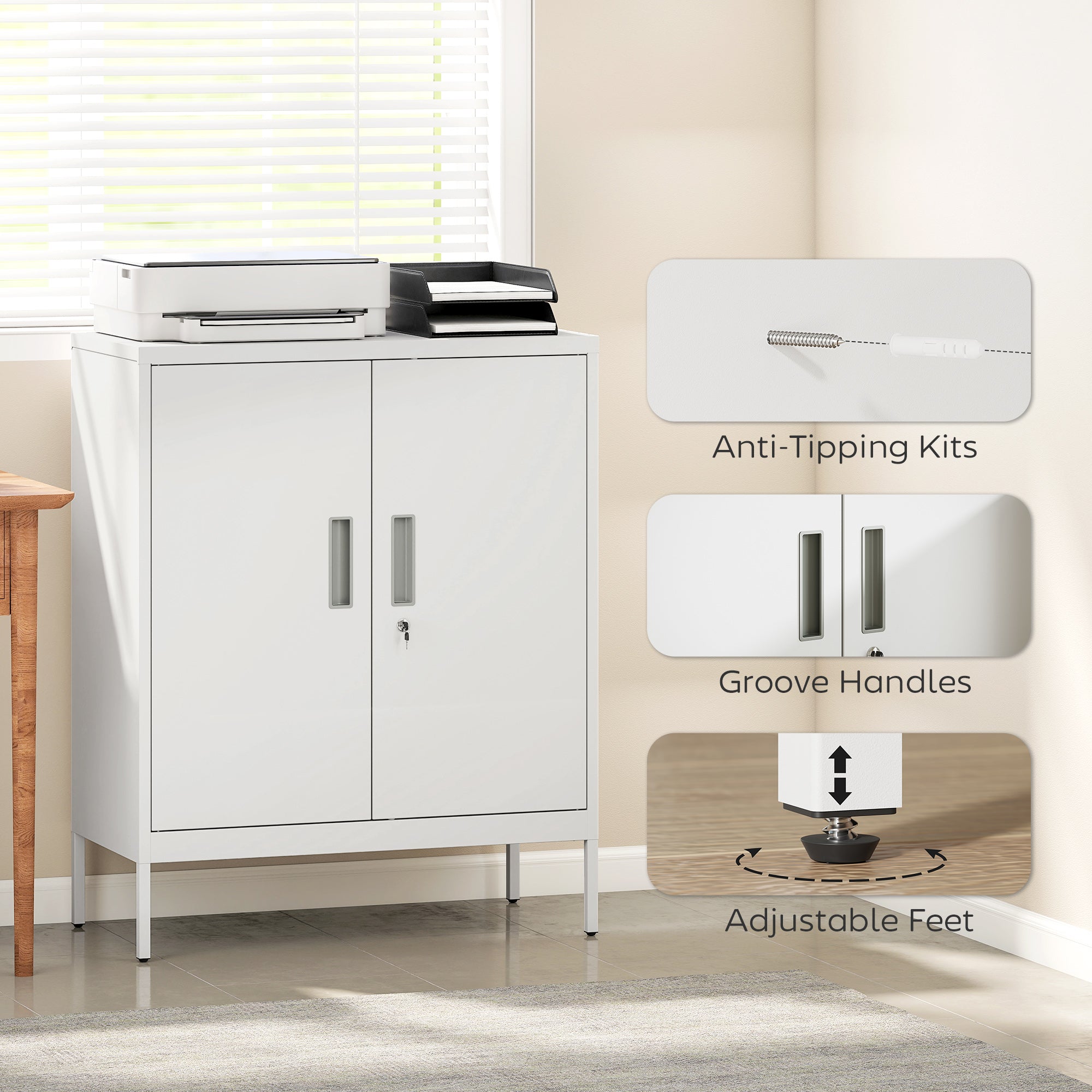HOMCOM Metal Storage Cabinet with Lock and Adjustable Shelves - White 