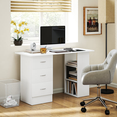 HOMCOM Computer Desk, Writing Table, PC Workstation with 3 Storage Shelves and Drawers, Silver Handle, for Home Office, White 