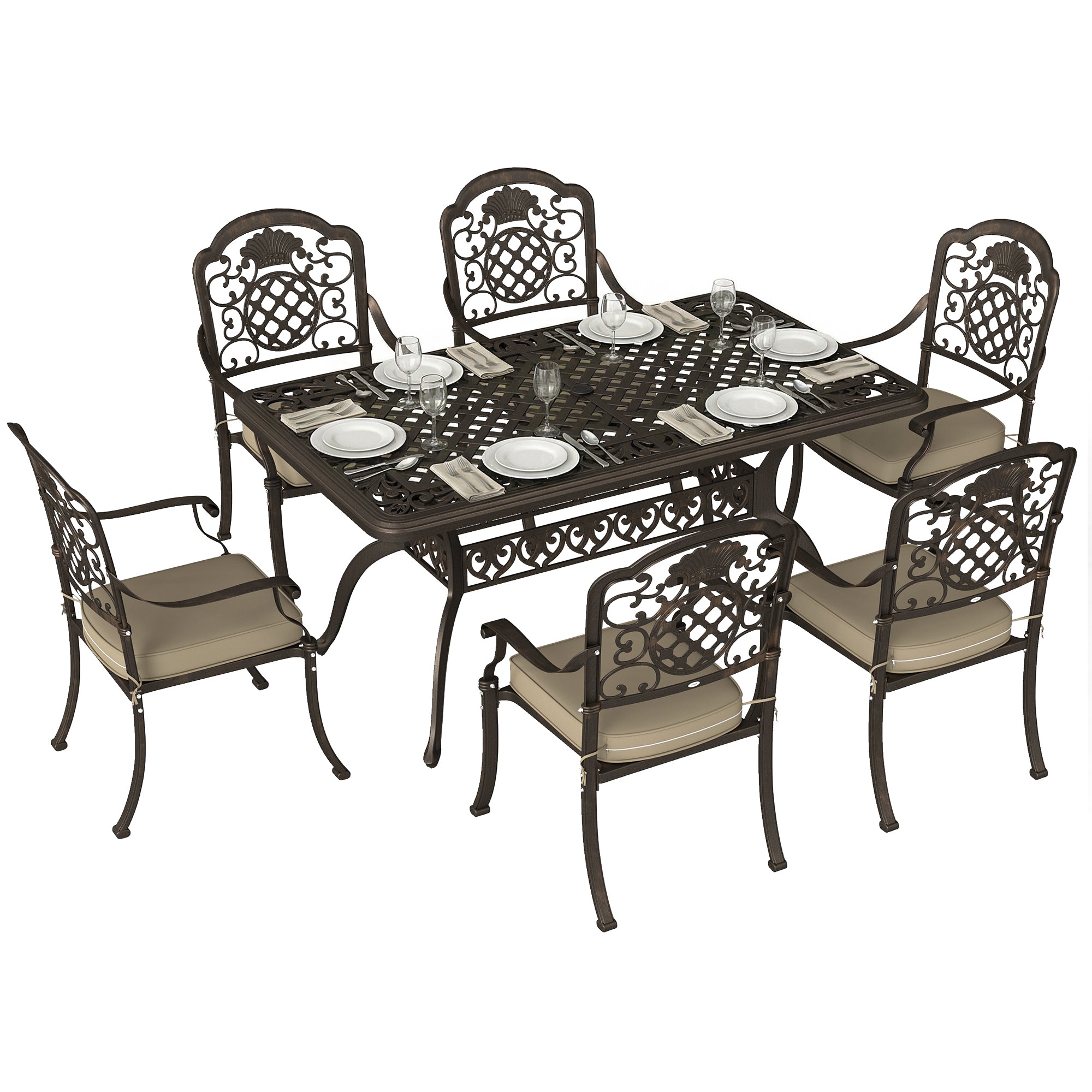 Outsunny Garden Dining Set for 6, Cast Aluminium Outdoor Table and Chairs Set with Cushions, Parasol Hole for Patio, Bronze Tone 