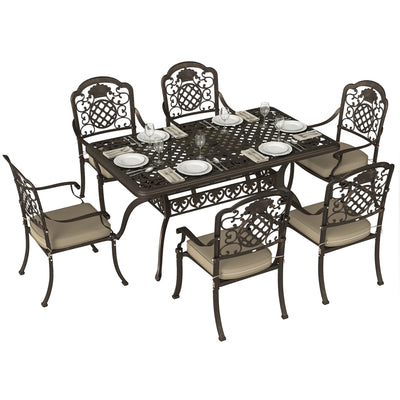 Outsunny Garden Dining Set for 6, Cast Aluminium Outdoor Table and Chairs Set with Cushions, Parasol Hole for Patio, Bronze Tone 