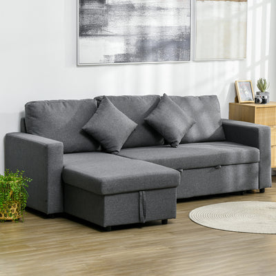 HOMCOM Corner Sofa Bed with Storage, 3 Seater Pull Out Sofa Bed, Convertible L Shape Sofa Couch with Reversible Chaise Lounge for Living Room, Dark Grey 