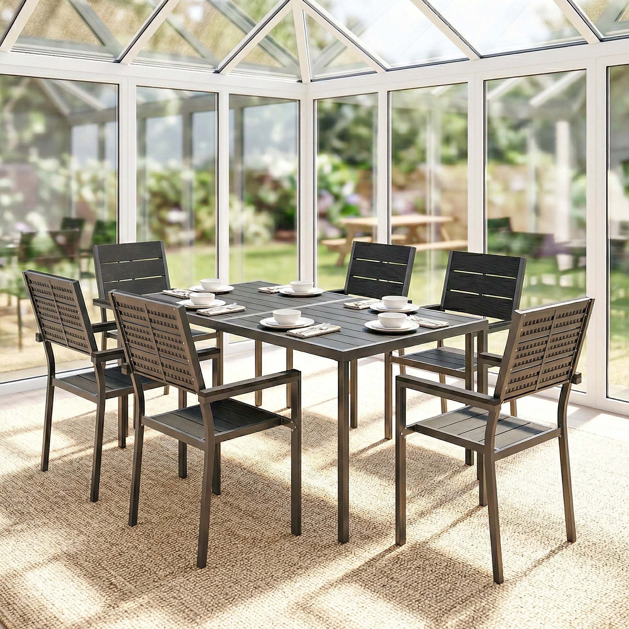 Outsunny 7 Pieces Outdoor Dining Set, Patio Table and Chairs for 6, Garden Dining Furniture Set with Slatted Tabletop 