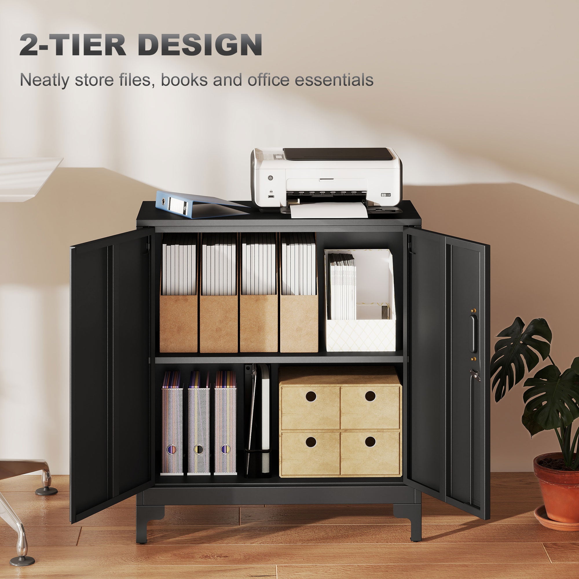 HOMCOM Lockable Metal Filing Cabinet, 2-Tier Storage Cupboard with Double Doors, Modern Office Organiser, Black 