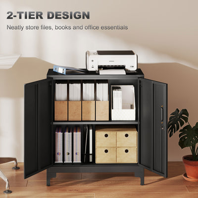 HOMCOM Lockable Metal Filing Cabinet, 2-Tier Storage Cupboard with Double Doors, Modern Office Organiser, Black 