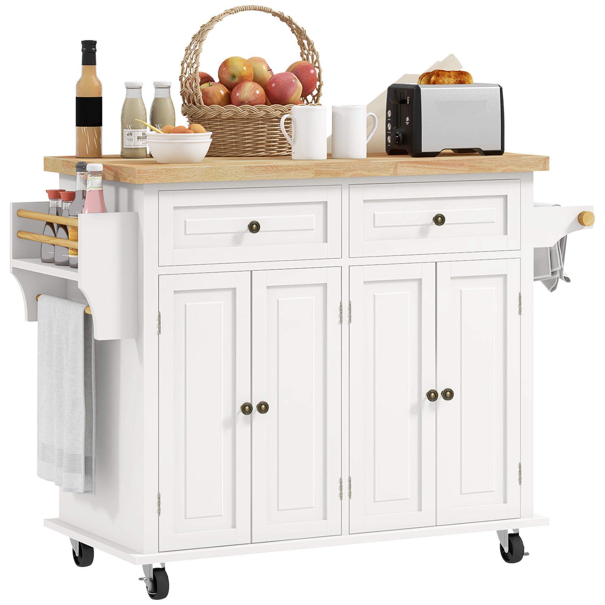 HOMCOM Rolling Kitchen Island Storage Trolley with Rubber Wood Top & Drawers for Dining Room, Cream White 