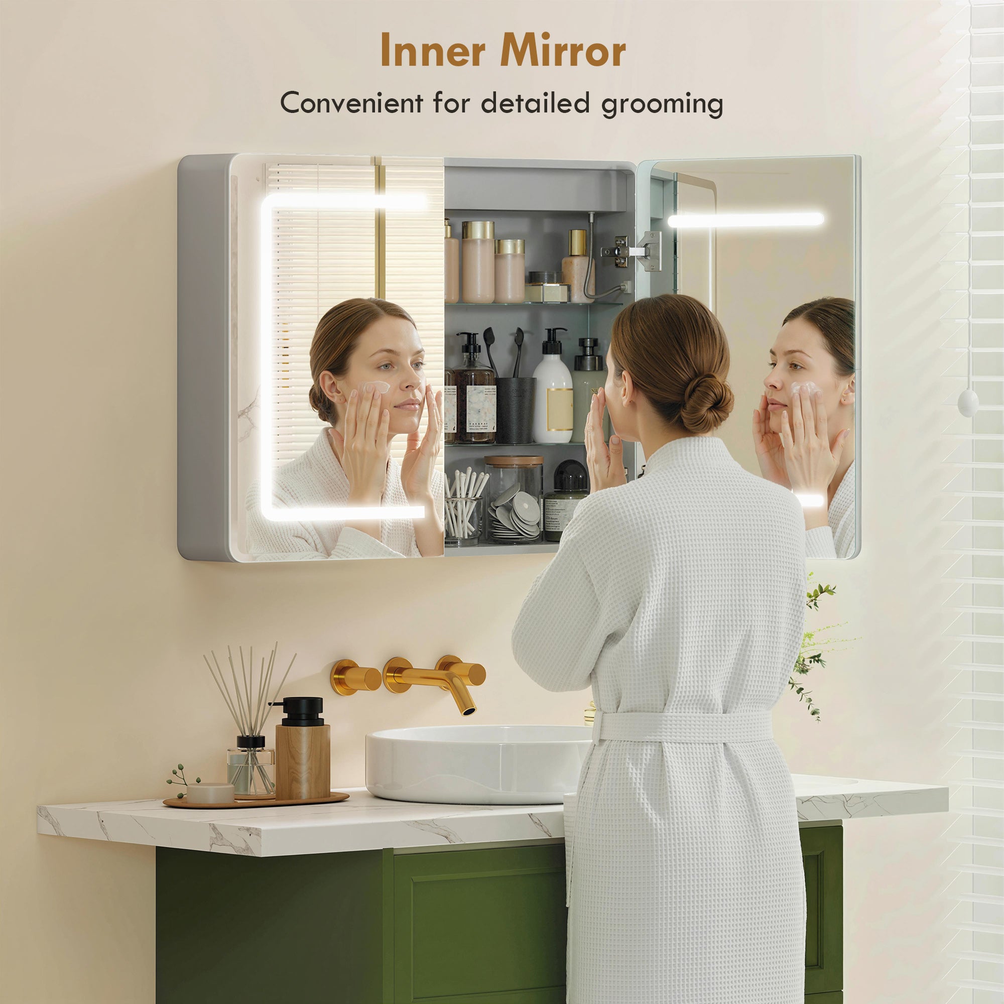HOMCOM Mirrored Bathroom Cabinet with LED Lights, 60 x 80 cm Bathroom Mirror Cabinet with Anti-Fog, 3 Colour Dimmable Lighting 
