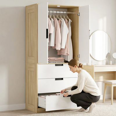 HOMCOM Modern Clothes Storage Cupboard Unit, 3 Drawer 2 Door Wardrobe with Hanging Rod, Oak