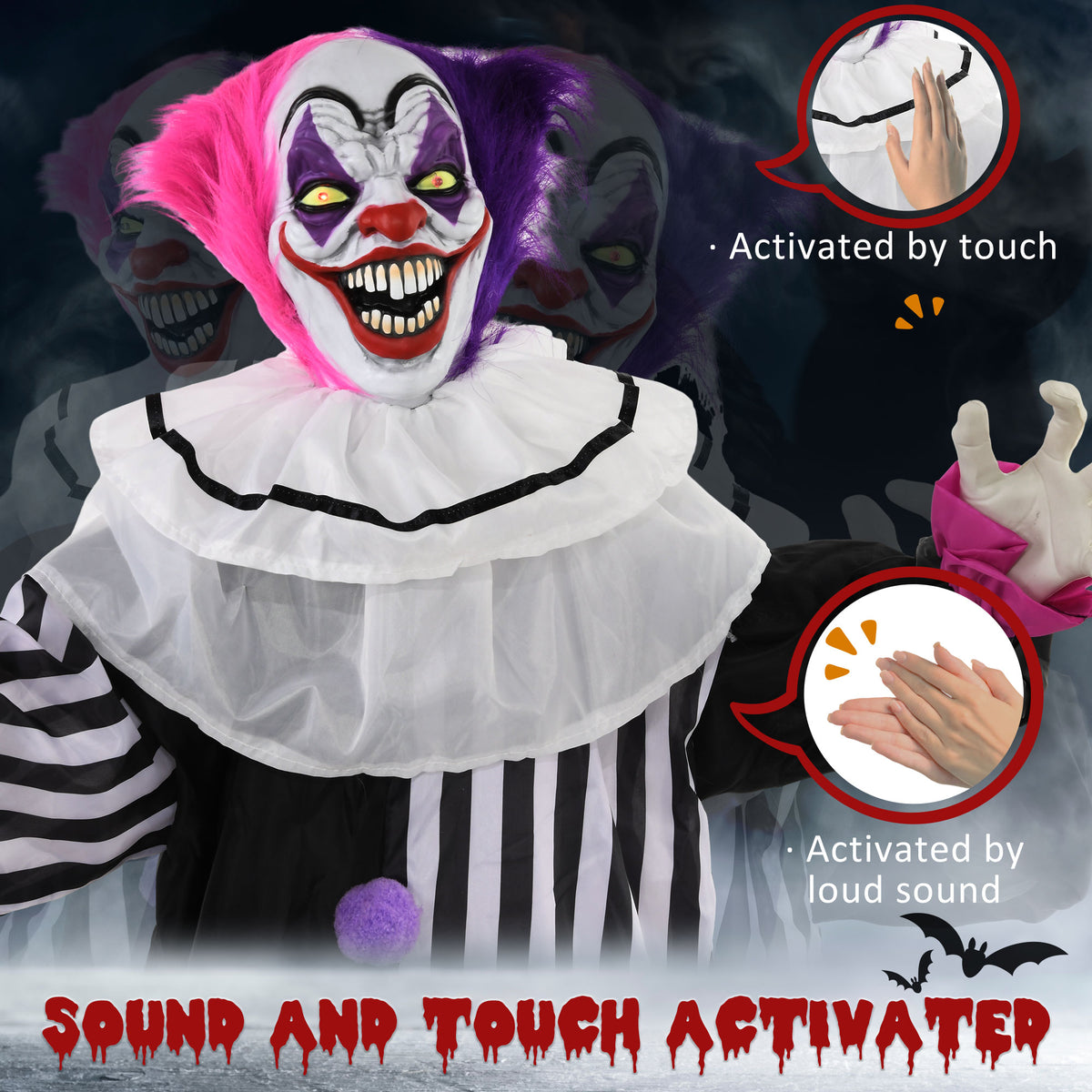 HOMCOM 5'6" Scary Laughing Clown Halloween Animatronic, with Glowing Eyes 