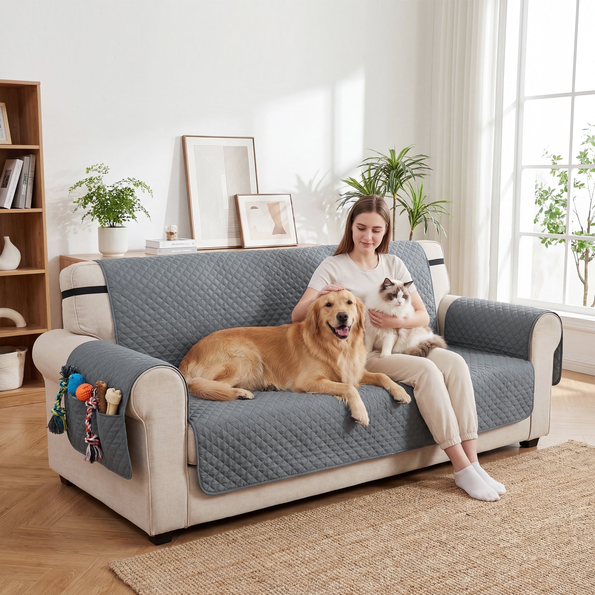 PawHut Waterproof Sofa Cover 3 Seater, Soft Couch Cover for Dogs Cats Pets, Non Slip Sofa Slipcoevr with Elastic Straps 