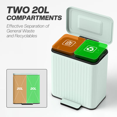 HOMCOM 40L Dual Compartment Rubbish Bin, with Soft-Close Lid - Green 