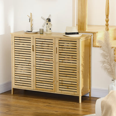 HOMCOM Rustic Shoe Cabinet, 3 Door Shoe Storage Cabinet with 8 Shelves, Natural Wood Finish 