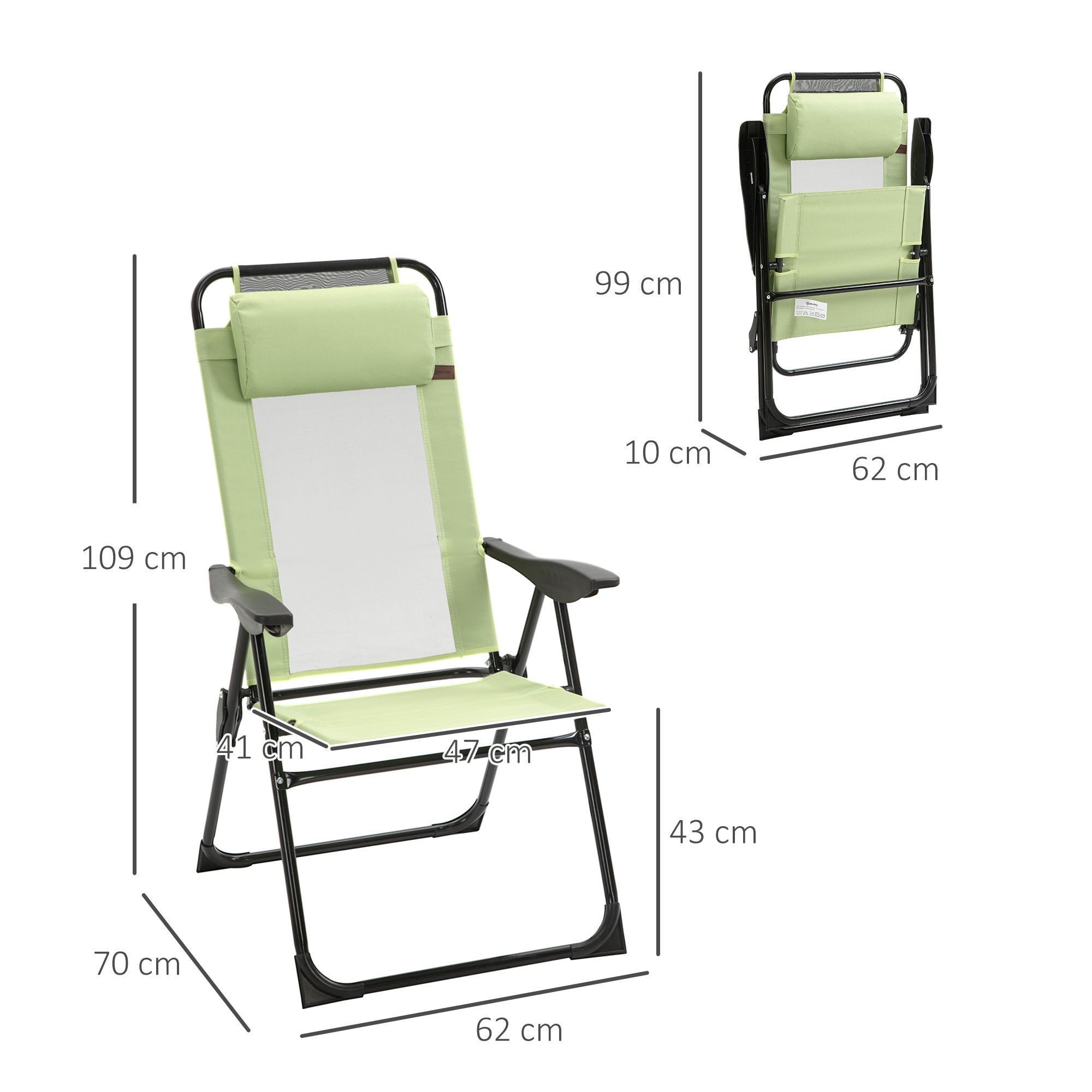 Outsunny Folding Garden Chairs Set of 2, 5-Position Recliner Camping Chair with High Back, All Weather Texteline Seat, Portable Outdoor Dining Chairs with Headrests for Patio, Picnic, Green 