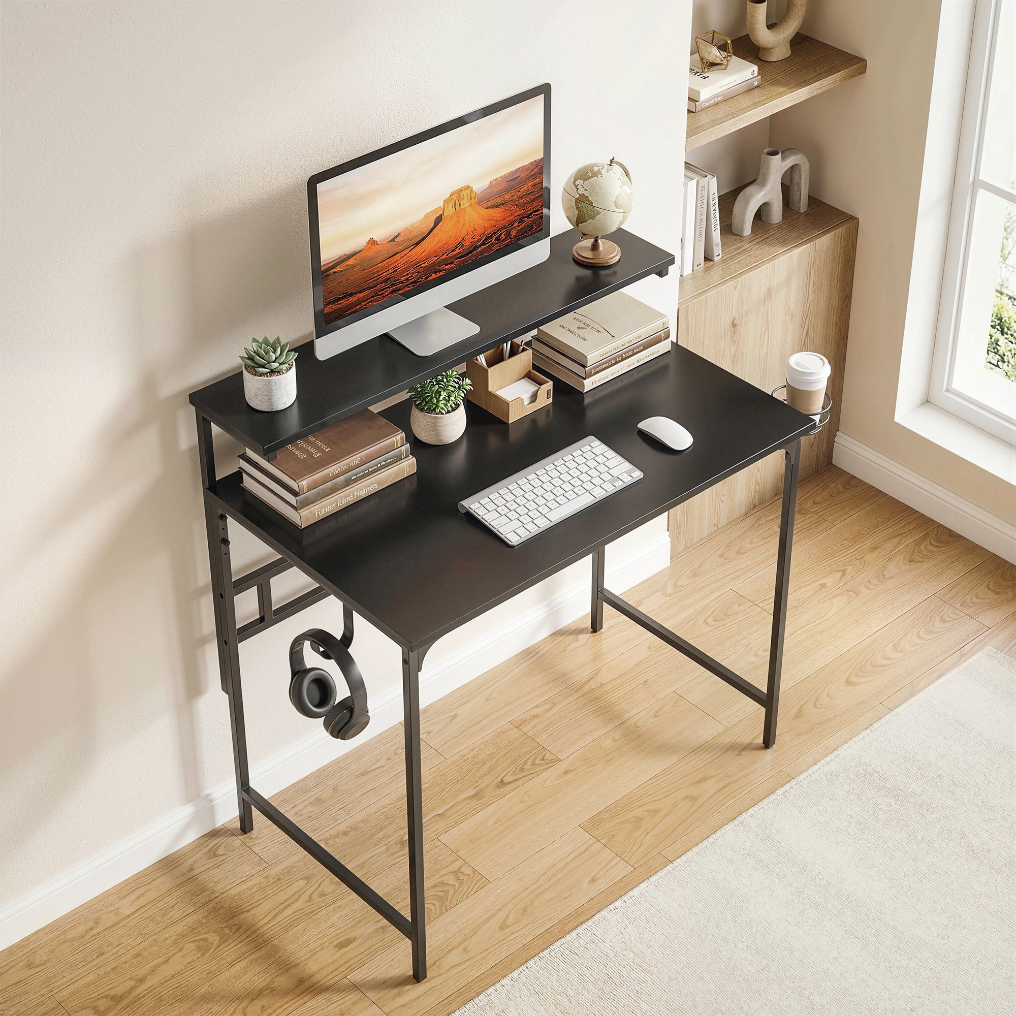 HOMCOM Computer Desk, 80cm Home Office Study Table with Hutch Shelf, Cup Holder, Headphone Hook, Black 