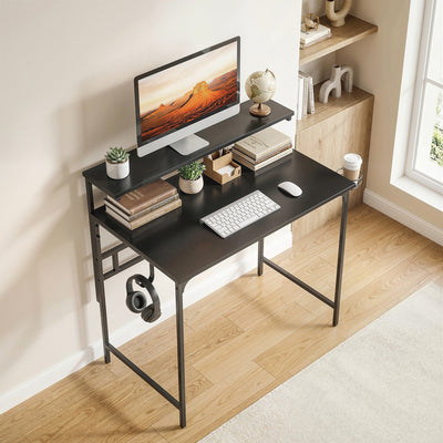 HOMCOM Computer Desk, 80cm Home Office Study Table with Hutch Shelf, Cup Holder, Headphone Hook, Black 