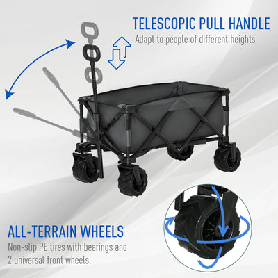 Outsunny Outdoor Pull Along Cart Folding Cargo Wagon Trailer Trolley for Beach Garden with Handle, Anti-Slip Wheel - Dark Grey 