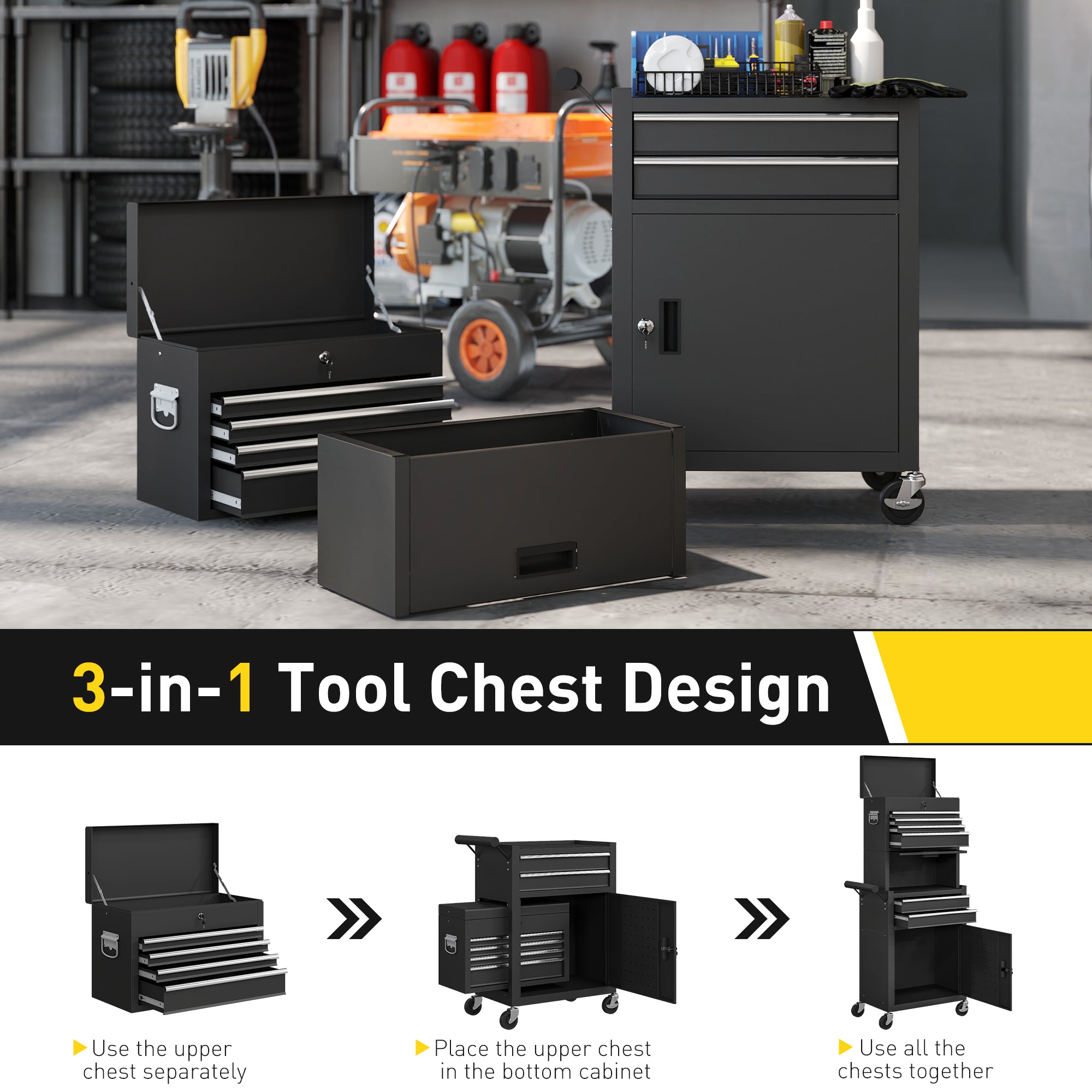 HOMCOM Three-Part Steel Locking Tool Chest - Black 