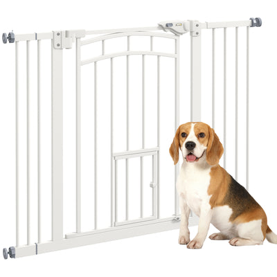 PawHut Pressure Fit Stair Dog Gate w/ Small Cat Door, Automatic Closing Door, Double Locking, for 74-100cm Openings - White 