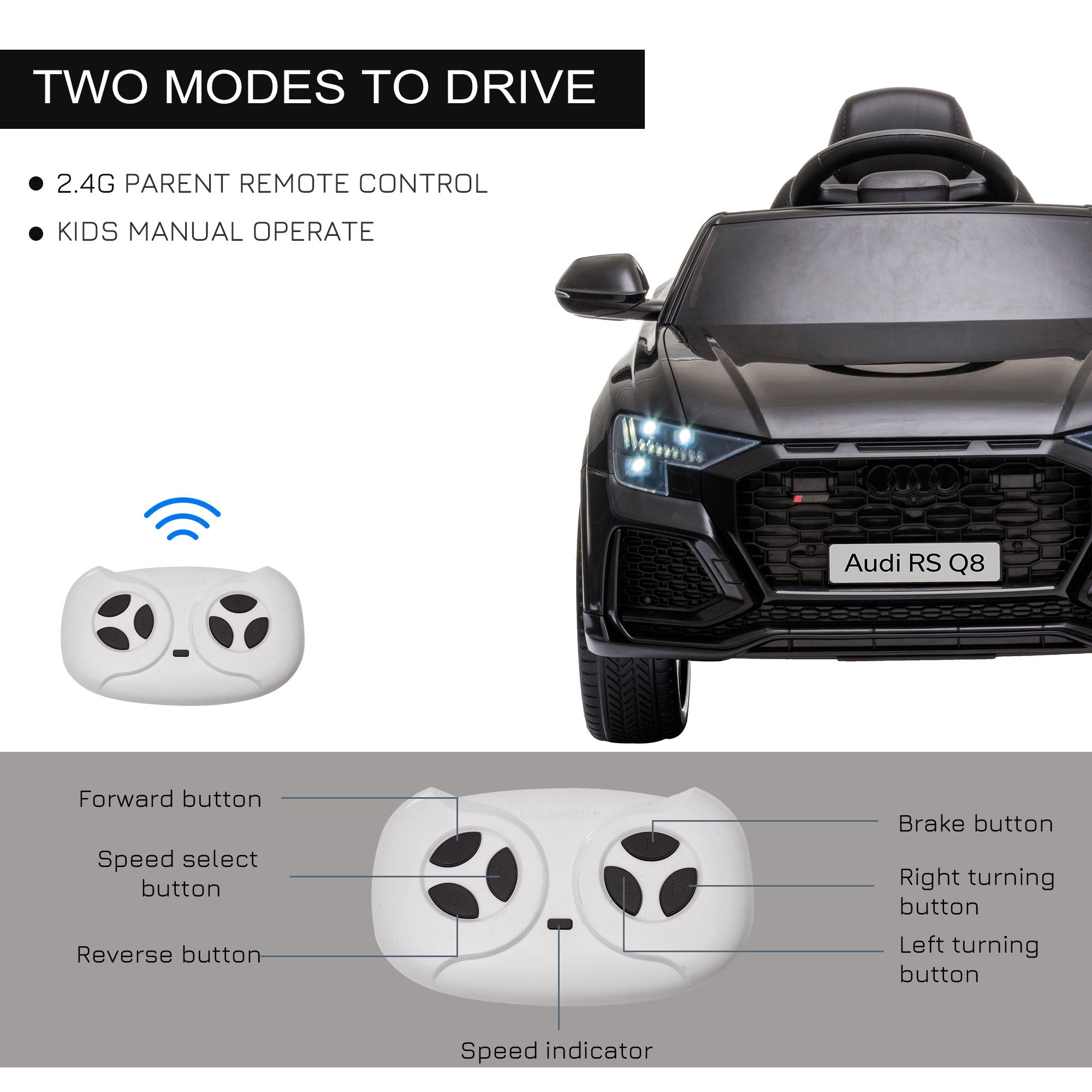 HOMCOM Audi RS Q8 Licensed Electric Car for Kids, 6V Kids' Electric Ride on with Remote Control, 7Ah Big Battery, Lights Bluetooth, Music USB MP3, for 3-5 Years Old, Black 