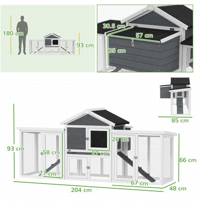 PawHut Large Chicken Coop, Wooden Garden Hen House, Poultry Coops Cages with Run, Nesting Box, Grey 