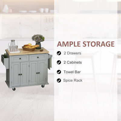 HOMCOM Rolling Kitchen Island Storage Trolley with Rubber Wood Top & Drawers for Dining Room, Grey 