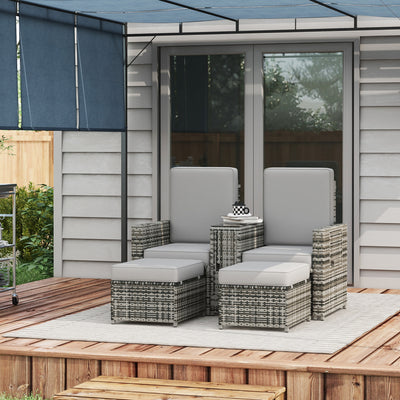 Outsunny Rattan Sun Lounger w/ Storage Tea Table & Footstools, Grey 