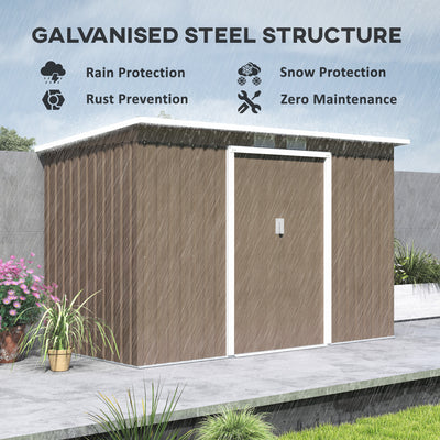 Outsunny 9ft x 4ft Metal Garden Shed, Outdoor Tool House with Foundation Kit, Ventilations and Double Doors, Light Grey Wood Grain 