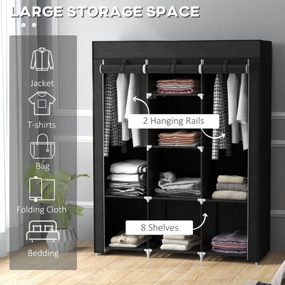 HOMCOM Fabric Wardrobe, Portable Wardrobe, Clothes Storage Unit with 8 Shelves, 2 Hanging Rods, 125 x 43 x 162.5 cm, Black 
