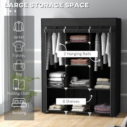 HOMCOM Fabric Wardrobe, Portable Wardrobe, Clothes Storage Unit with 8 Shelves, 2 Hanging Rods, 125 x 43 x 162.5 cm, Black 