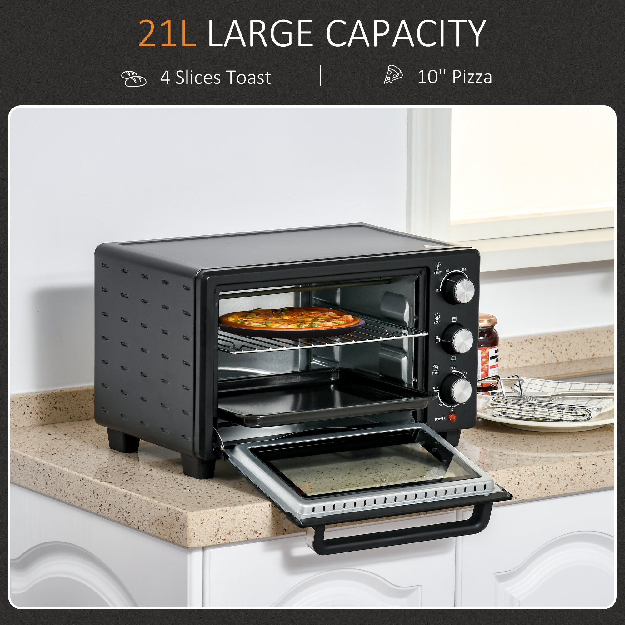 HOMCOM 21L Mini Countertop Oven, 100°C-230°C Adjustable Temp - Black 