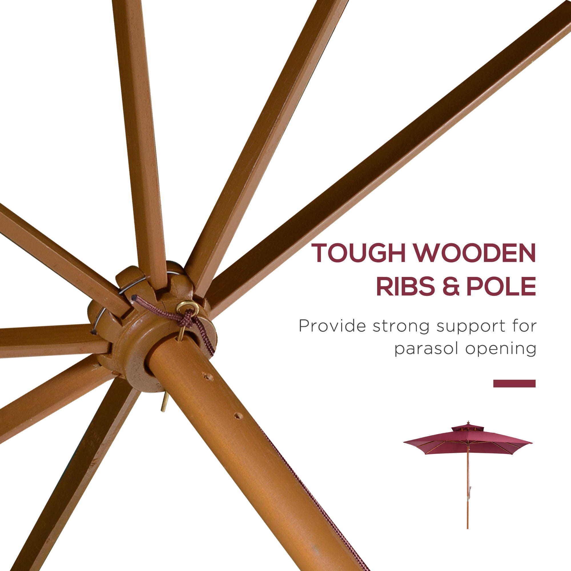 Outsunny 3 x 3(M) Garden Parasol Umbrella Sunshade, Outdoor Wooden Parasol with Double Tier Canopy, Wine Red 