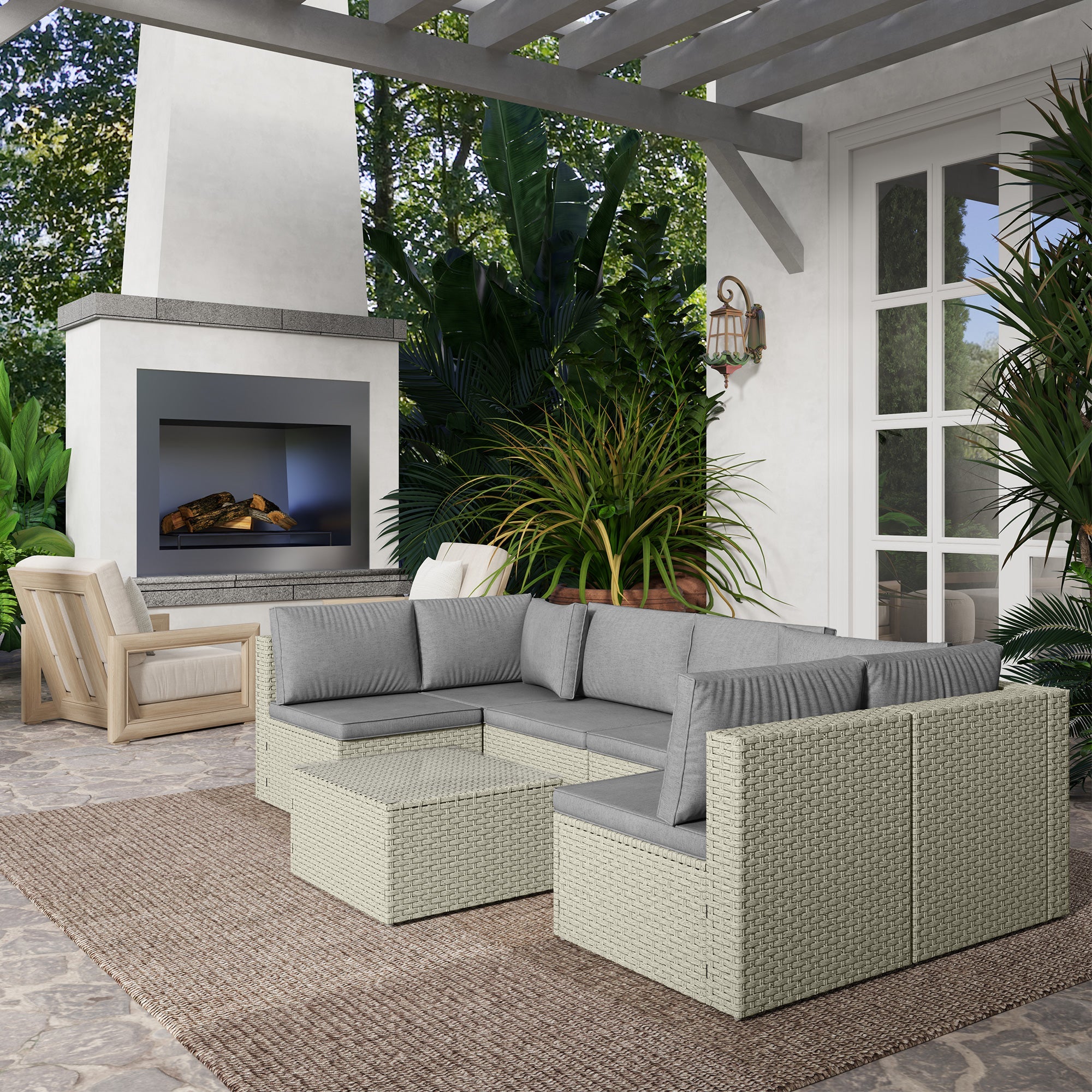Outsunny 7 Pieces Rattan Garden Furniture Set, 6 Seater Garden Corner Sofa with Wide Seat, Cushions and Glass Top Table, Sectional Outdoor Furniture Conservatory Set for Patio, Light Brown 