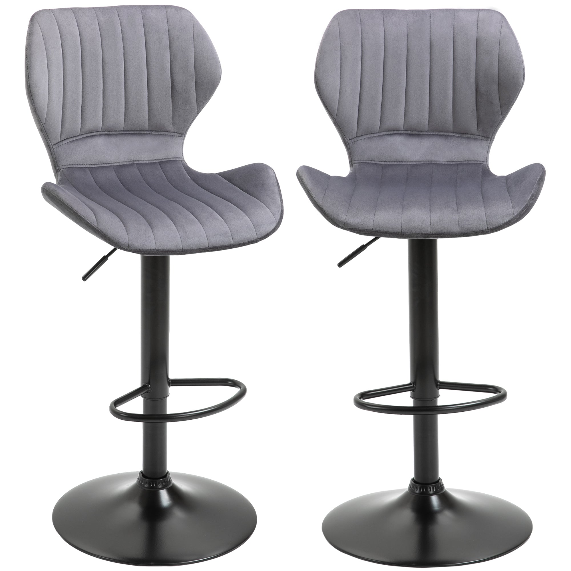HOMCOM Bar Stool Set of 2 Velvet-Touch Fabric Adjustable Height Swivel Counter Chairs with Footrest, Grey 