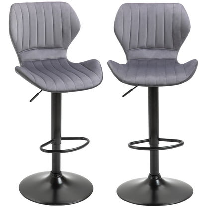 HOMCOM Bar Stool Set of 2 Velvet-Touch Fabric Adjustable Height Swivel Counter Chairs with Footrest, Grey 