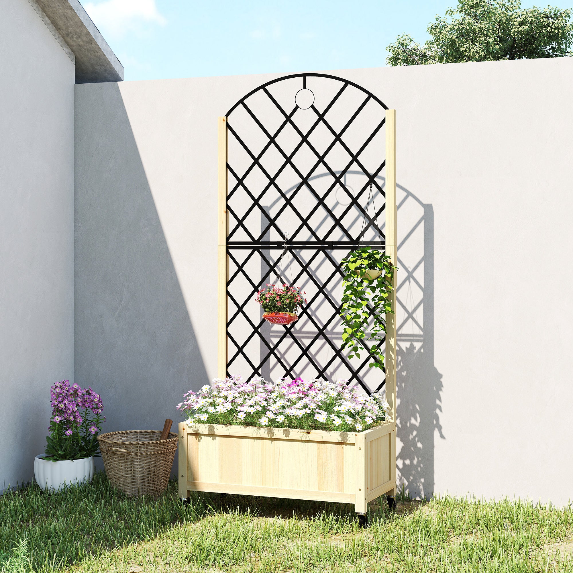 Outsunny Raised Garden Bed with Metal Trellis, Wooden Elevated Planter Box with Lockable Wheels, Outdoor Raised Planter, Natural 