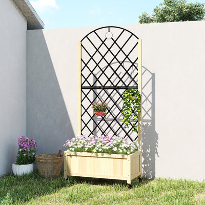 Outsunny Raised Garden Bed with Metal Trellis, Wooden Elevated Planter Box with Lockable Wheels, Outdoor Raised Planter, Natural 