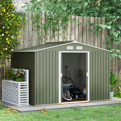 Outsunny 9 x 6ft Metal Garden Shed, Outdoor Storage Tool House with Ventilation Slots, Foundation Kit and Lockable Double Doors, Light Green 