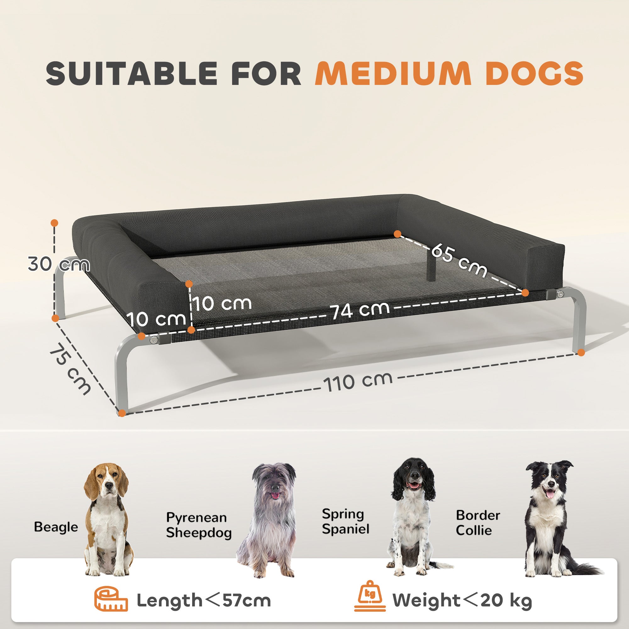 PawHut Elevated Dog Bed with Removable Bolsters, Raised Dog Bed for Medium Breeds, Portable Indoor & Outdoor Pet Cots, Black 