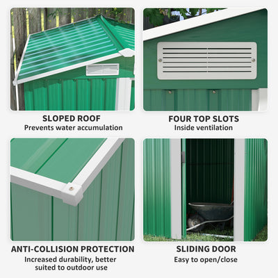Outsunny Garden Metal Tool Storage Shed with Sliding Door, Sloped Roof and Floor Foundation, 152 x 132 x 188cm, Green 